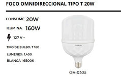 FOCO LED ALTA POTENCIA TIP "T" 20W 6500K