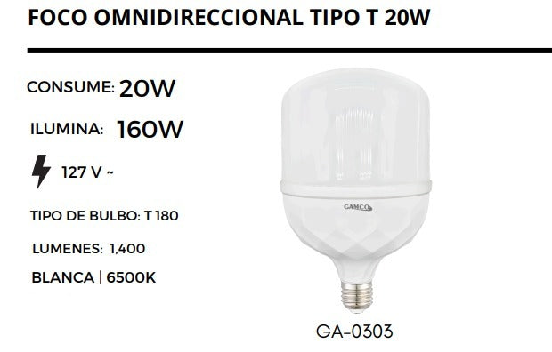 FOCO LED ALTA POTENCIA TIP "T" 20W 6500K