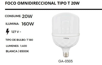 FOCO LED ALTA POTENCIA TIP "T" 20W 6500K