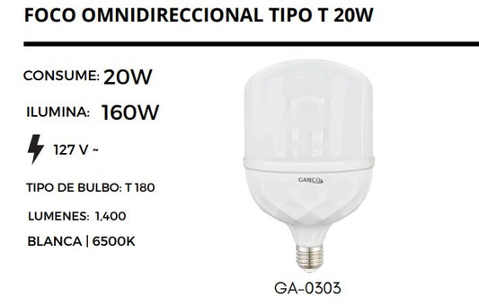 FOCO LED ALTA POTENCIA TIP "T" 20W 6500K