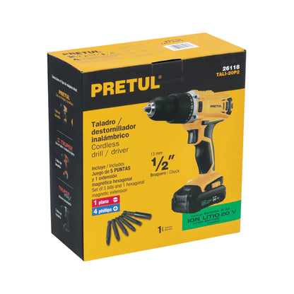 TALADRO 1/2" 20V 1 BATERIA 2AH, PRETUL